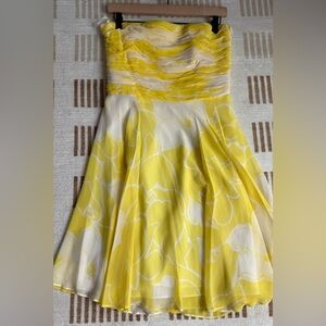 Vintage Yellow Floral Strapless Silk Dress